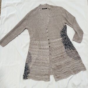 NIC+ZOE 3/4 Sleeve Long Linen Cardigan Beige and Blue Patterned Sweater—Medium